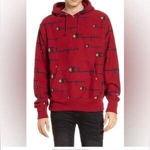 Champion Reverse Weave All Over Print Hoodie Pullover Sweater Jumper Mens Medium